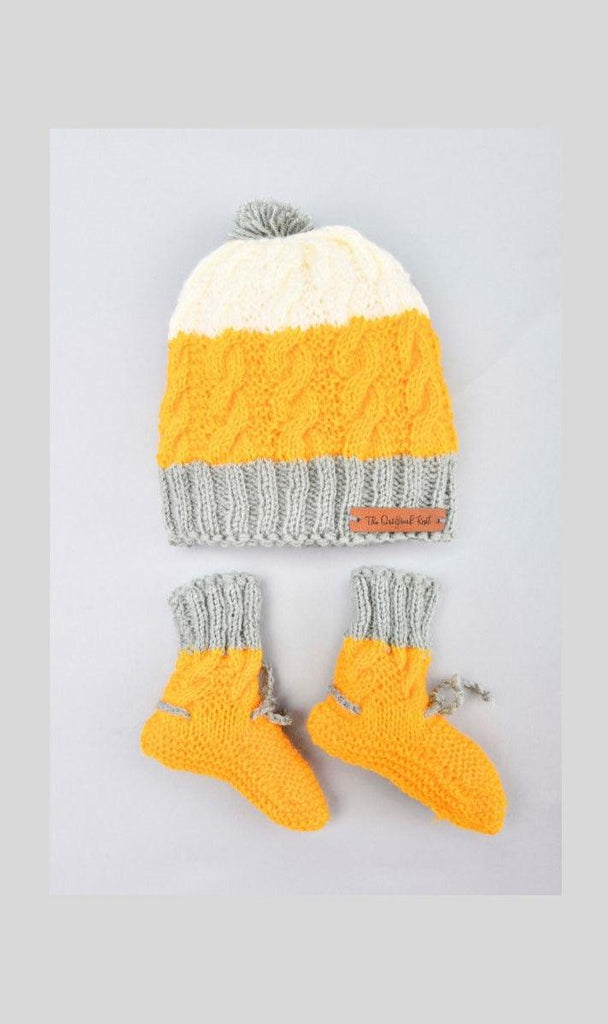Cable Design Handmade Cap & Socks- Yellow & Grey - The Original Knit