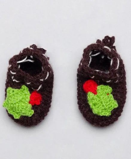 Cherry Embellished Crochet Baby Booties- Brown