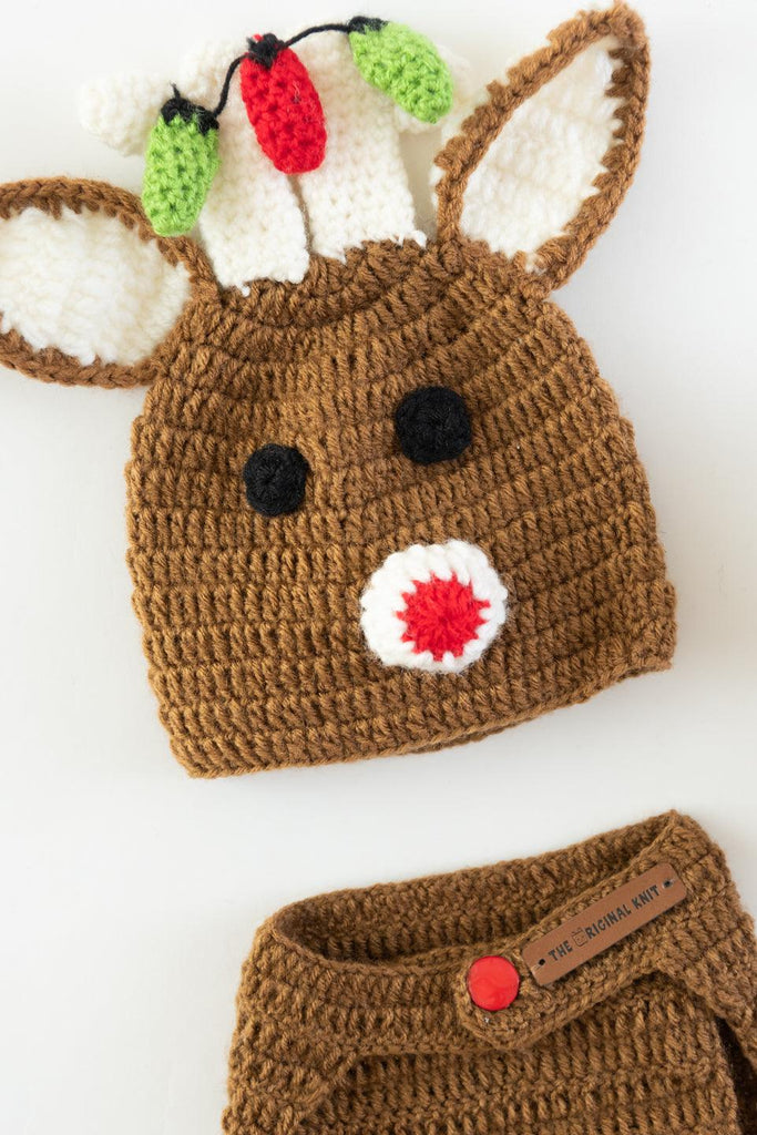 Reindeer Diaper Cover, Cap and Booties- Beige & Red - The Original Knit