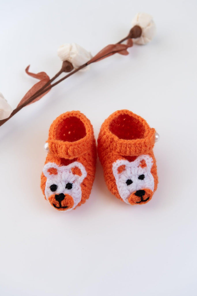 Teddy Handmade Knit Crochet Baby Booties- Orange - The Original Knit