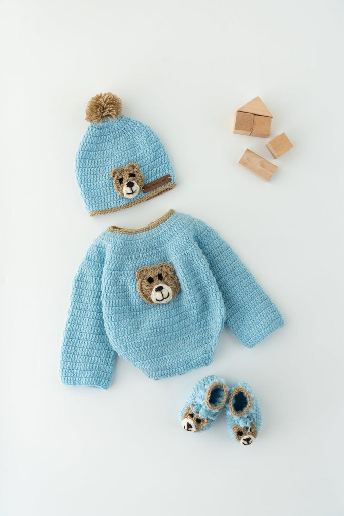 Unisex Teddy Design Handmade Romper Set- Ice Blue - The Original Knit