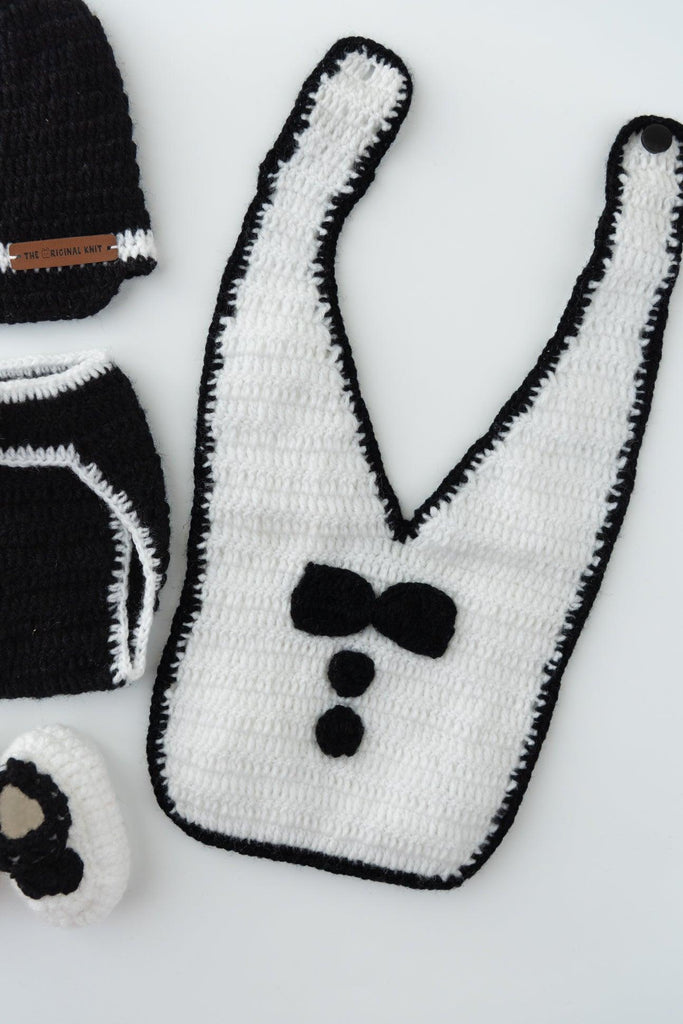 Master Chef Diaper Cover, Cap & Booties With Bib- White & Black - The Original Knit