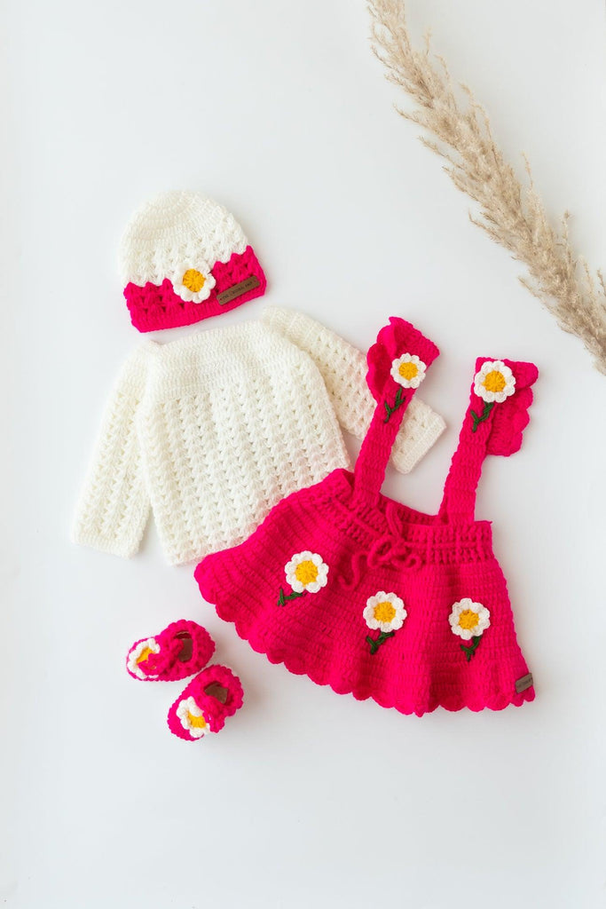 Girls Pink Flower Design Handmade Frock Set- White & Hot Pink - The Original Knit