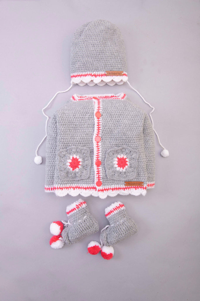 Granny Square Patch Sweater Set- Grey & Red - The Original Knit