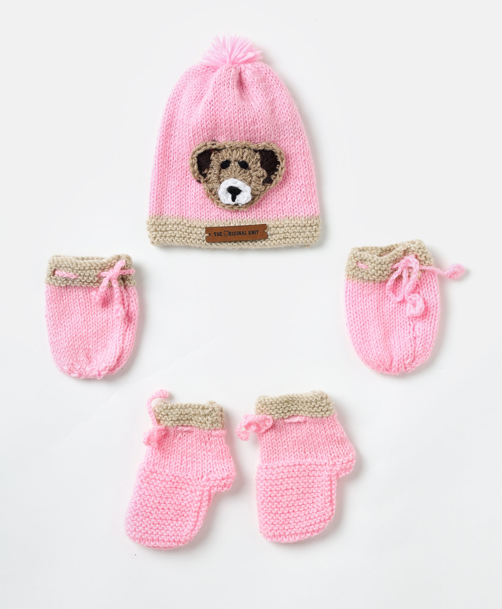 Teddy Embellished Handmade Cap, Mittens Socks- Baby Pink Beige