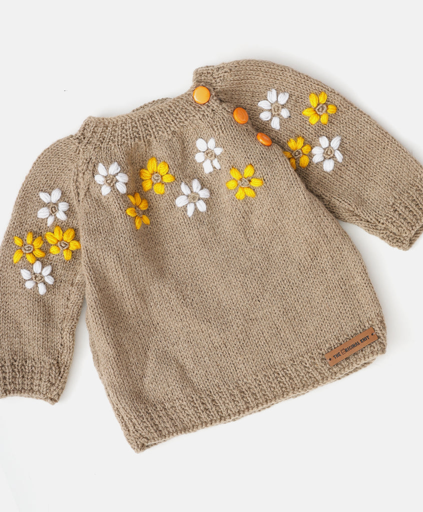 Flower Embroidered Handmade Sweater- Beige