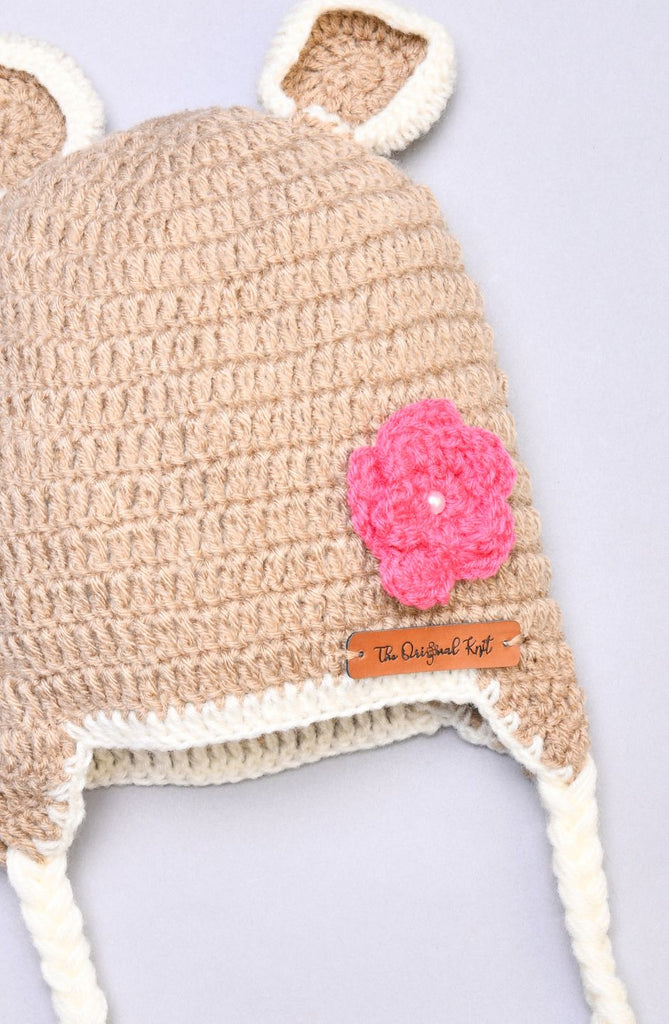 Handmade Crochet Teddy Ear Cap- Beige & Pink