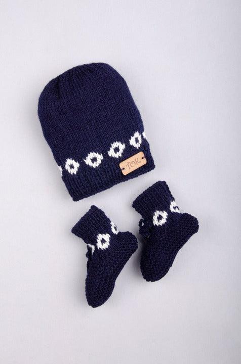 Handmade Knitted Cap & Socks- Navy Blue & White