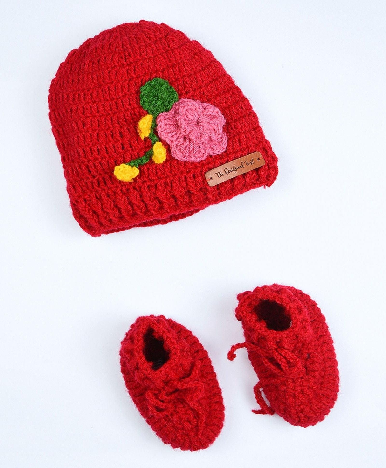 Handmade Flower Crochet Cap Booties- Red – The Original Knit