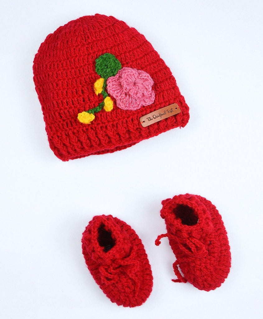Flower Crochet Cap & Booties- Red - The Original Knit