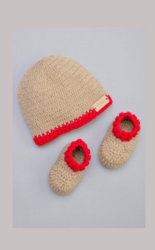 Handmade Cap with Booties- Beige & Red - The Original Knit