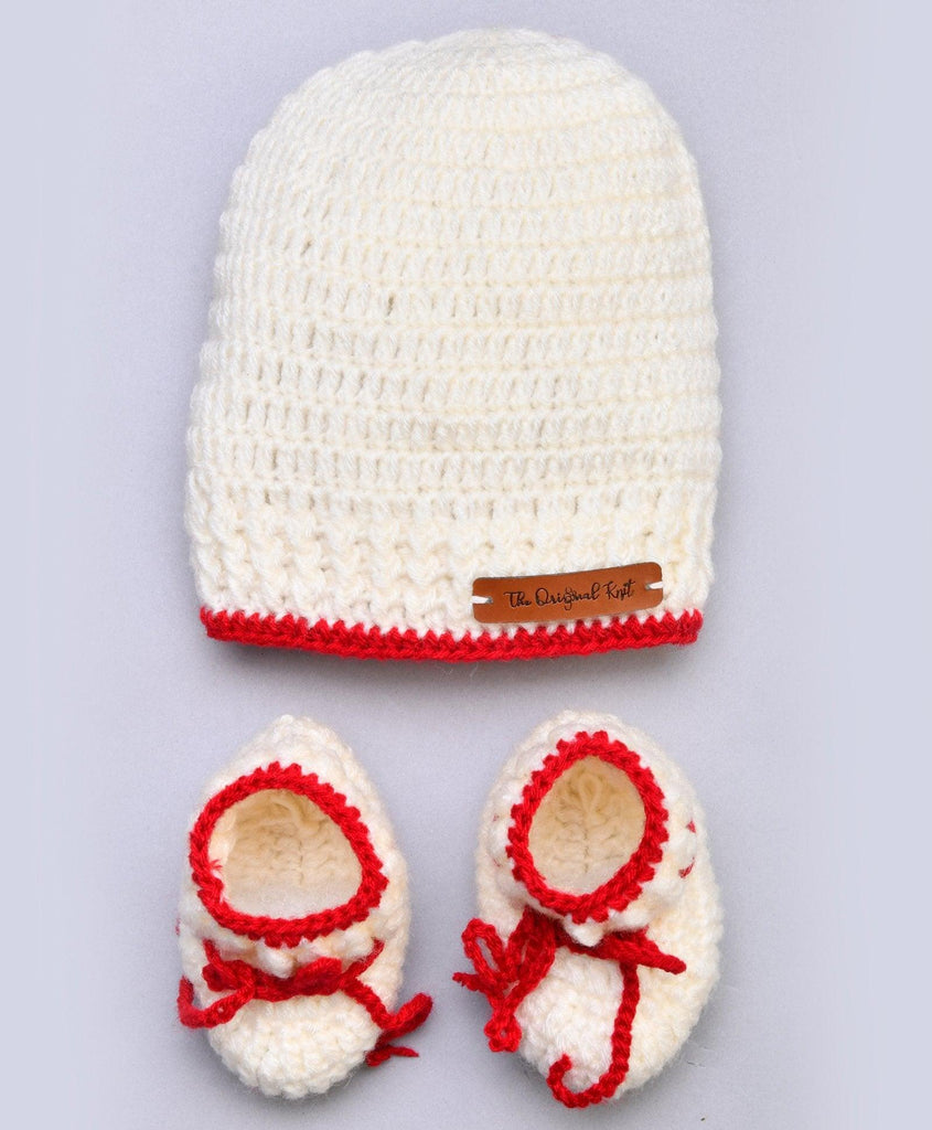 Crochet Cap & Booties- Off White & Red