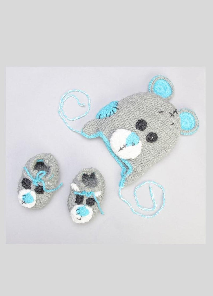 Handmade Teddy Cap & Booties- Grey & Blue - The Original Knit