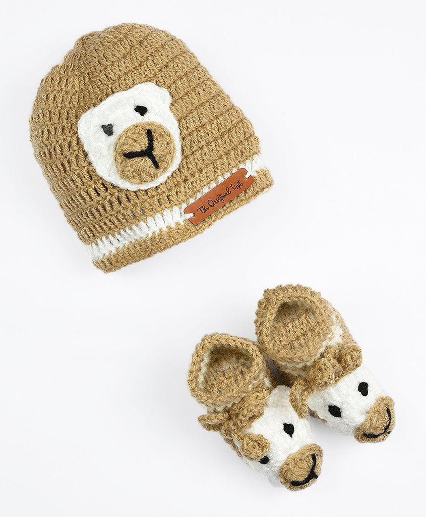 Teddy Crochet Cap & Booties- Beige & White - The Original Knit