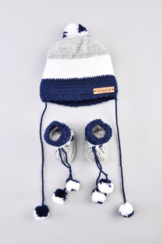 Handmade Cap & Booties- Navy Blue & White - The Original Knit