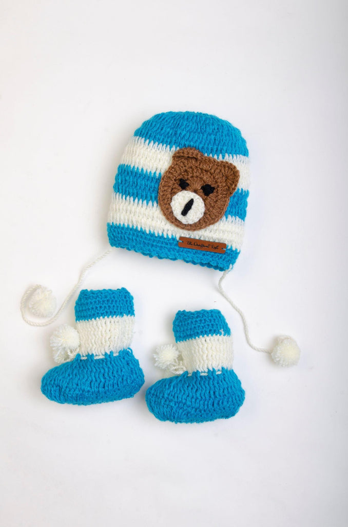 Handmade Teddy Cap & Booties- Blue & White - The Original Knit