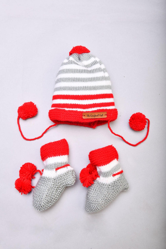 Handmade Cap with Socks- Grey & Red - The Original Knit