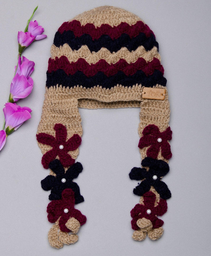 Flower Cap- Beige & Maroon - The Original Knit