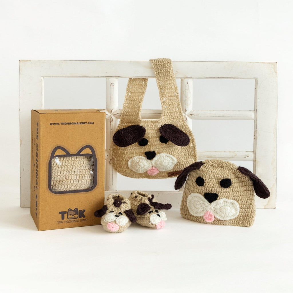 Curated Beige & Brown Cute Puppy Baby Gift Box set(Set Of 3) - The Original Knit
