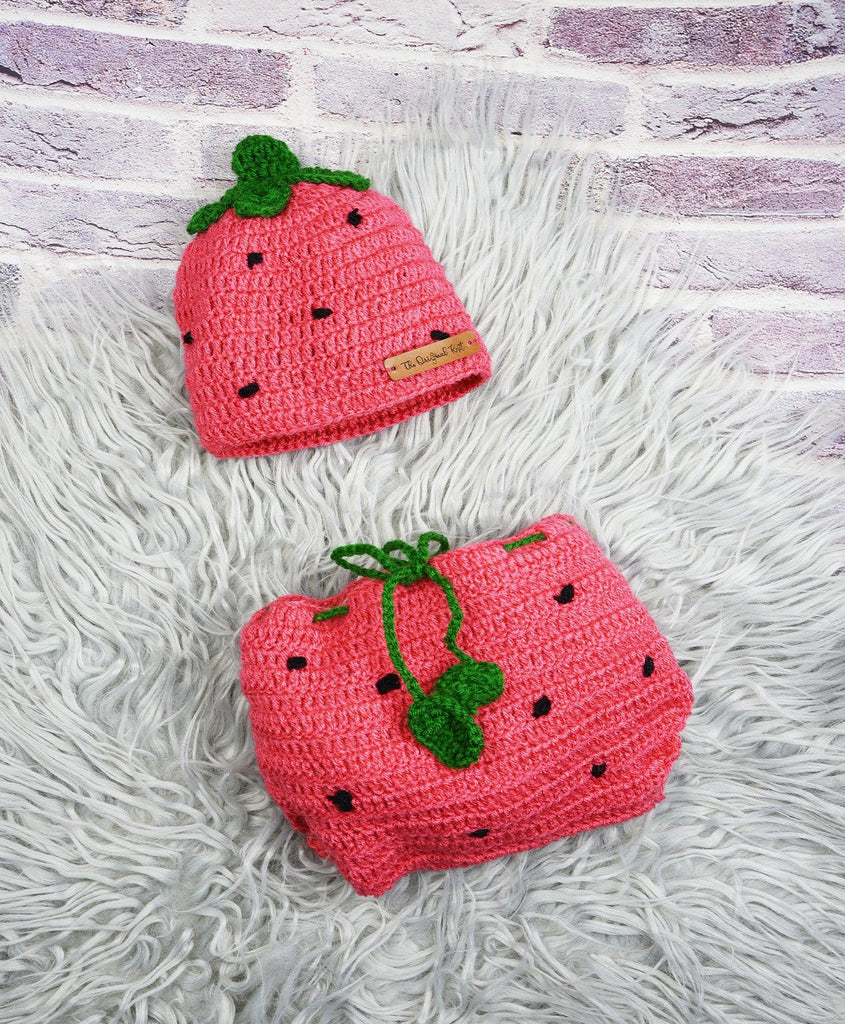 Strawberry Cap & Diaper Cover- Pink & Green