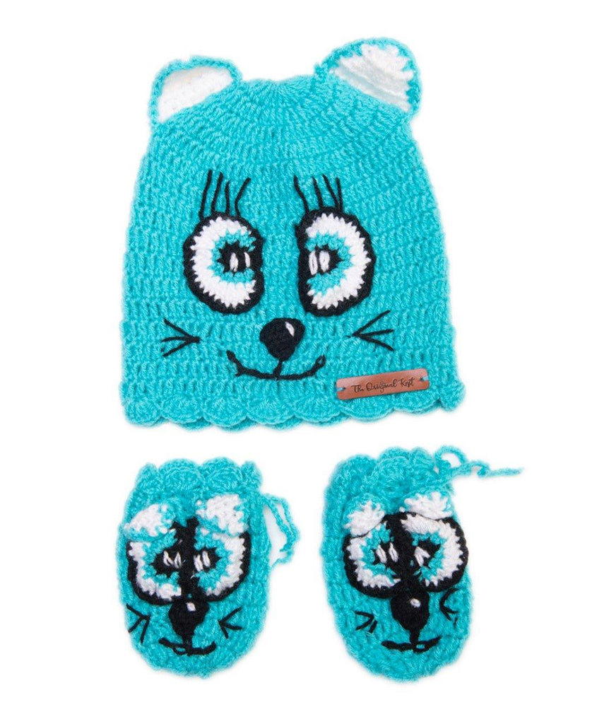 Cat Face Cap & Mittens- Turquoise