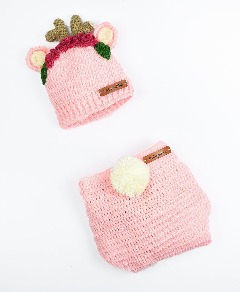 Reindeer Cap & Diaper Cover Handmade Crochet Photography Prop- Pink