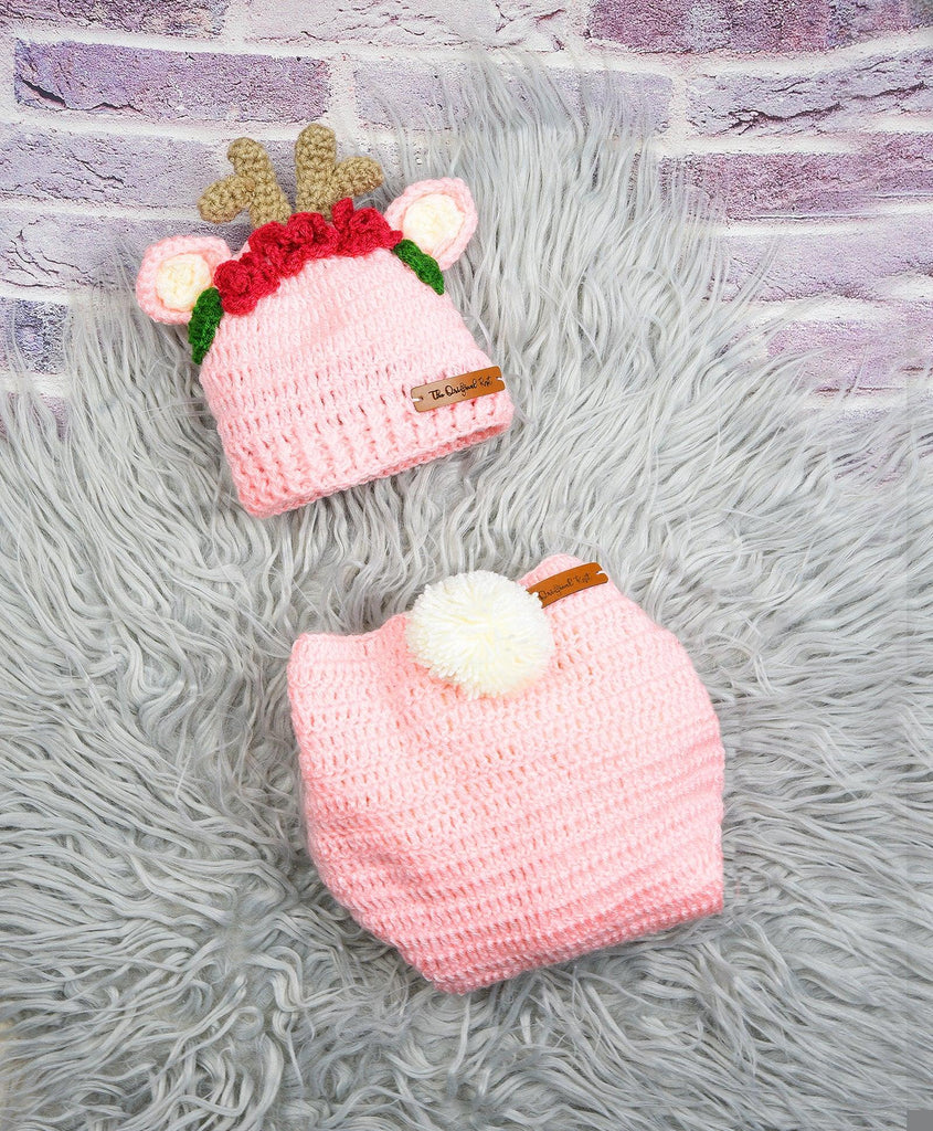 Reindeer Cap & Diaper Cover Handmade Crochet Photography Prop- Pink
