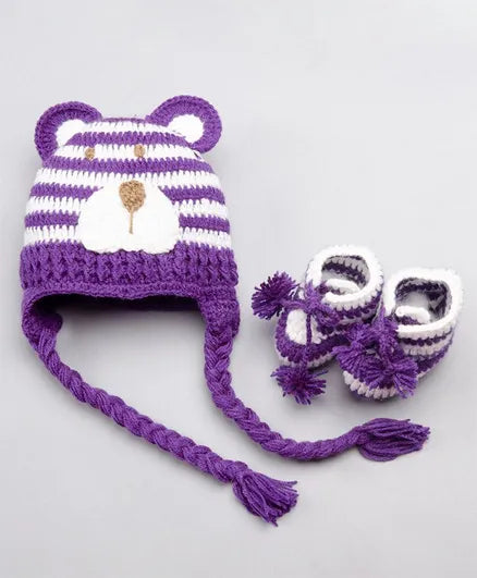 Teddy  Crochet Cap & Booties- Purple & White - The Original Knit