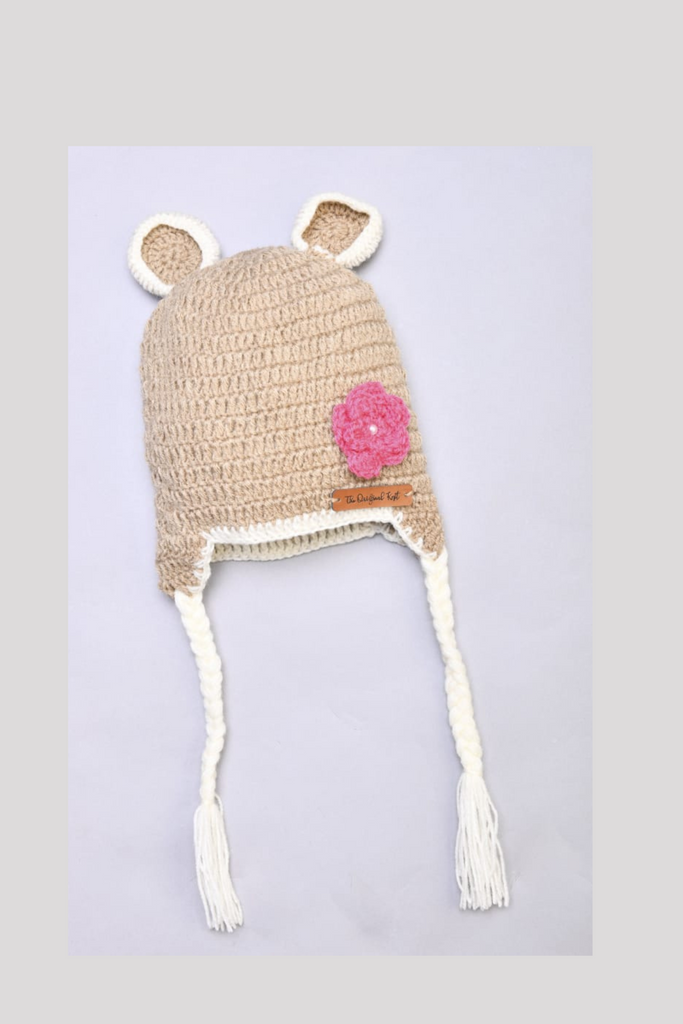 Handmade Crochet Teddy Ear Cap- Beige & Pink