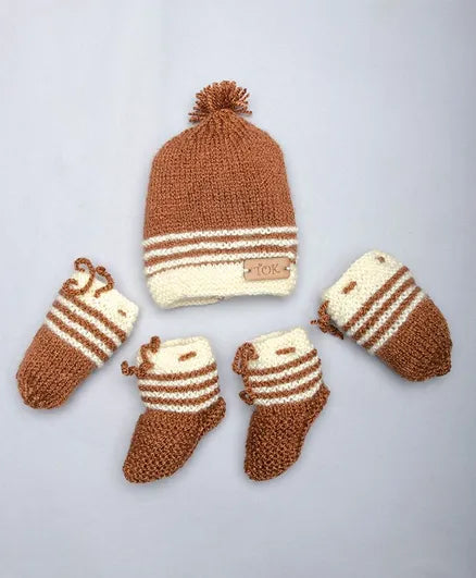 Striped Handmade Caps, Socks & Mittens- Light Brown & Off White - The Original Knit