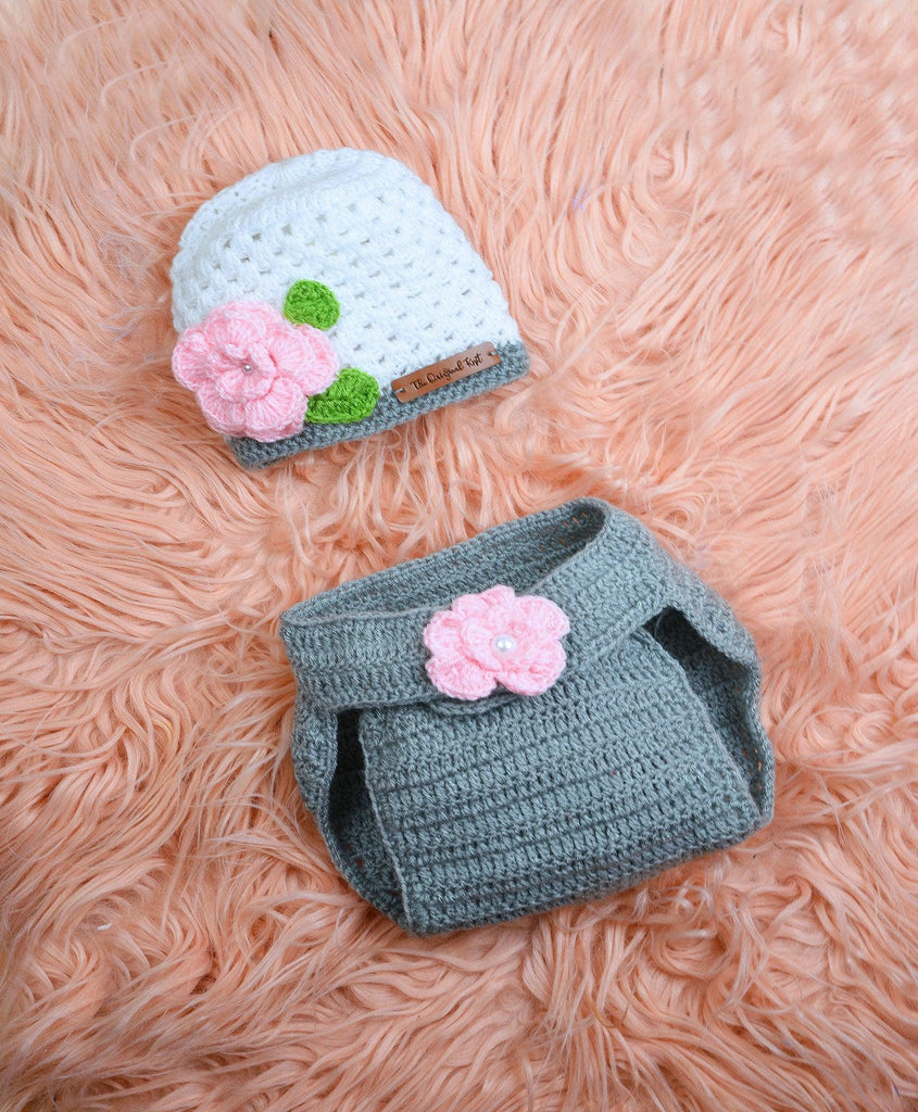 Flower Cap & Diaper Cover Handmade Crochet Photography Prop - Grey & White