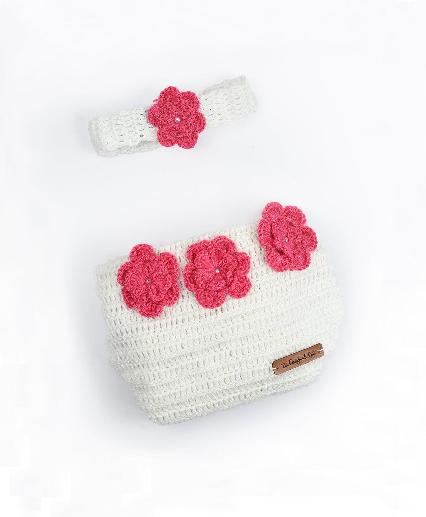 Handmade Crochet Diaper Cover & Headband- White & Pink