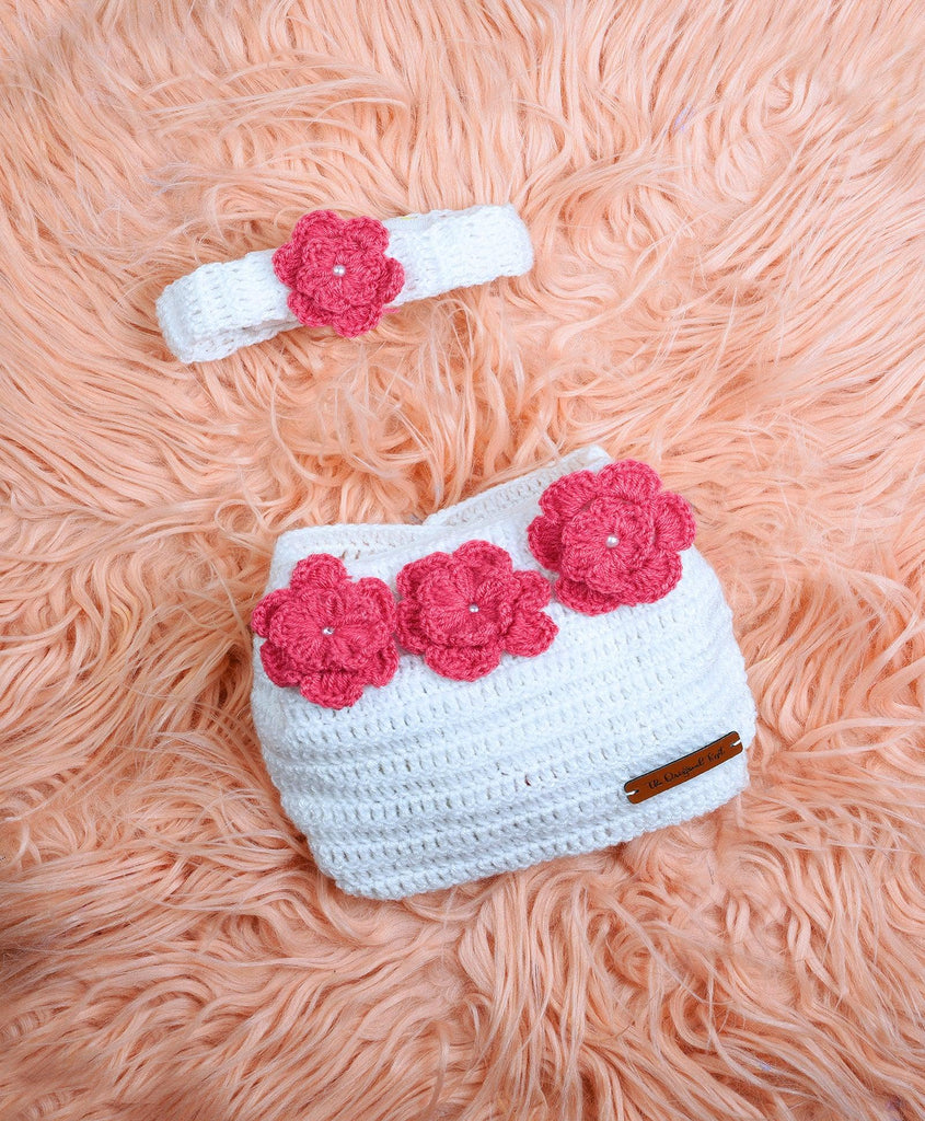 Handmade Crochet Diaper Cover & Headband- White & Pink