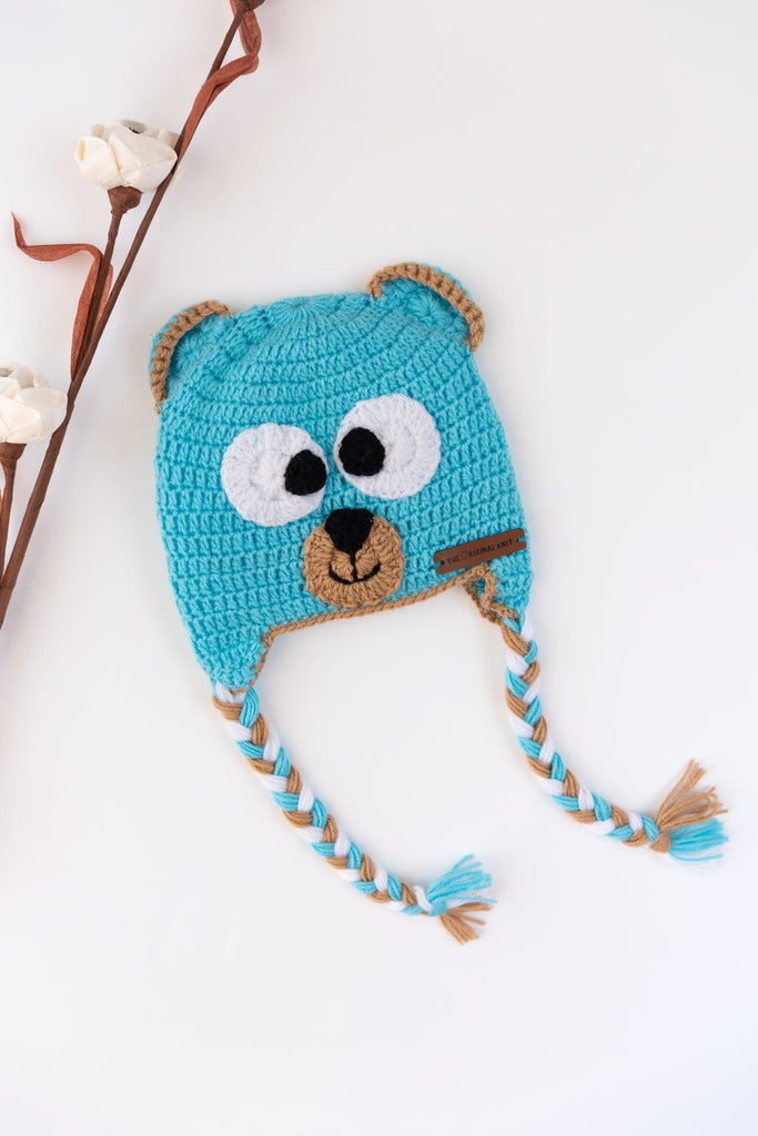 Braided Crochet Teddy Cap- Blue & Beige
