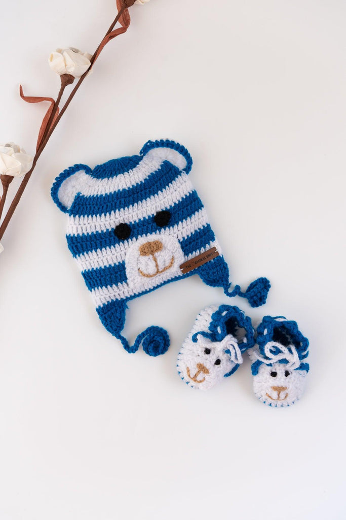 Handmade Teddy Cap with Booties- Blue & White - The Original Knit