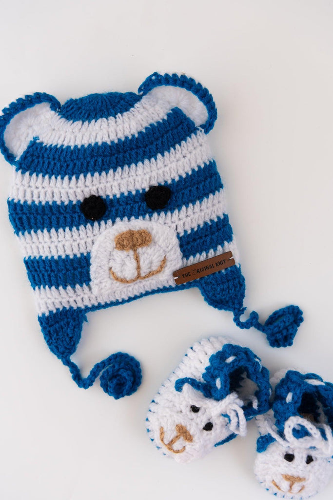 Handmade Teddy Cap with Booties- Blue & White - The Original Knit