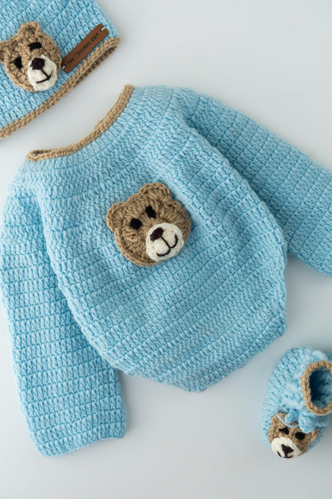 Unisex Teddy Design Handmade Romper Set- Ice Blue - The Original Knit