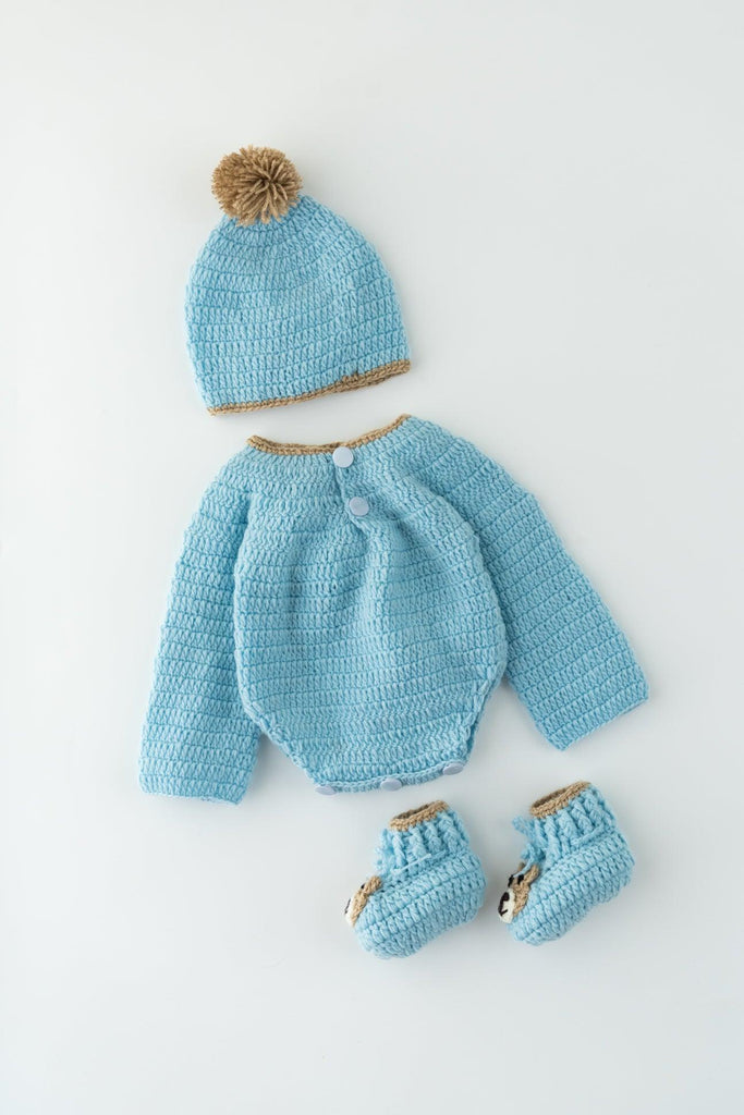 Unisex Teddy Design Handmade Romper Set- Ice Blue - The Original Knit