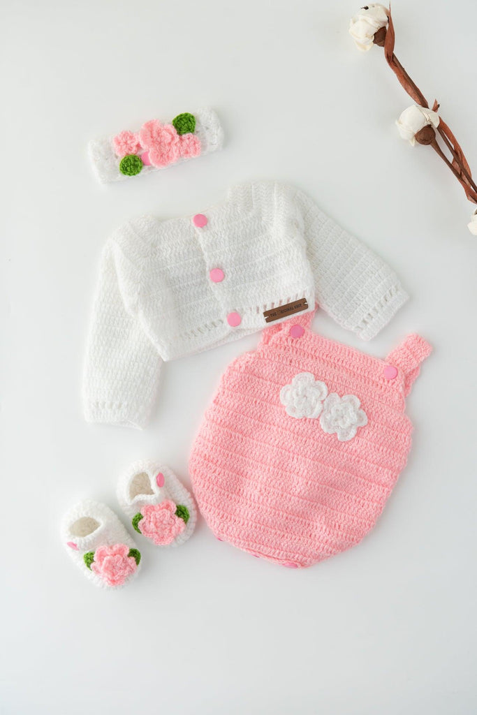 Flower Embellished Handmade Romper Set- Pink & White - The Original Knit