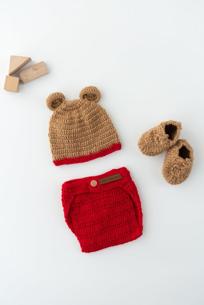 Teddy Diaper Cover, Cap & Booties- Red & Beige - The Original Knit