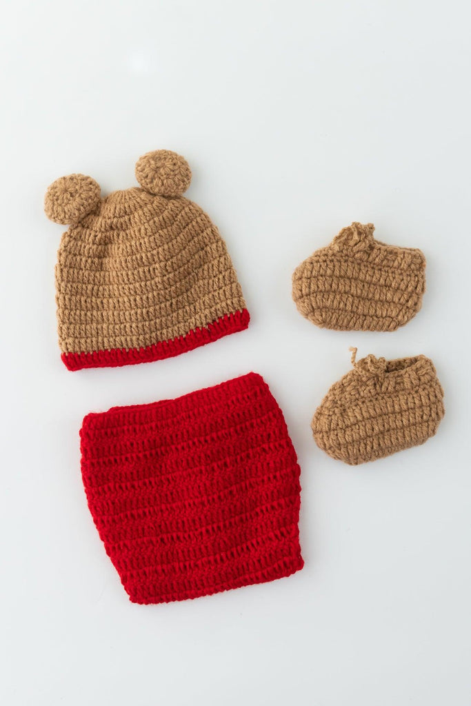 Teddy Diaper Cover, Cap & Booties- Red & Beige - The Original Knit
