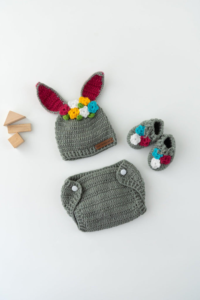 Bunny Diaper Cover Cap & Booties- Grey