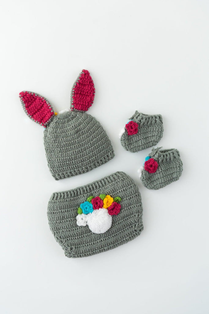 Bunny Diaper Cover Cap & Booties- Grey - The Original Knit
