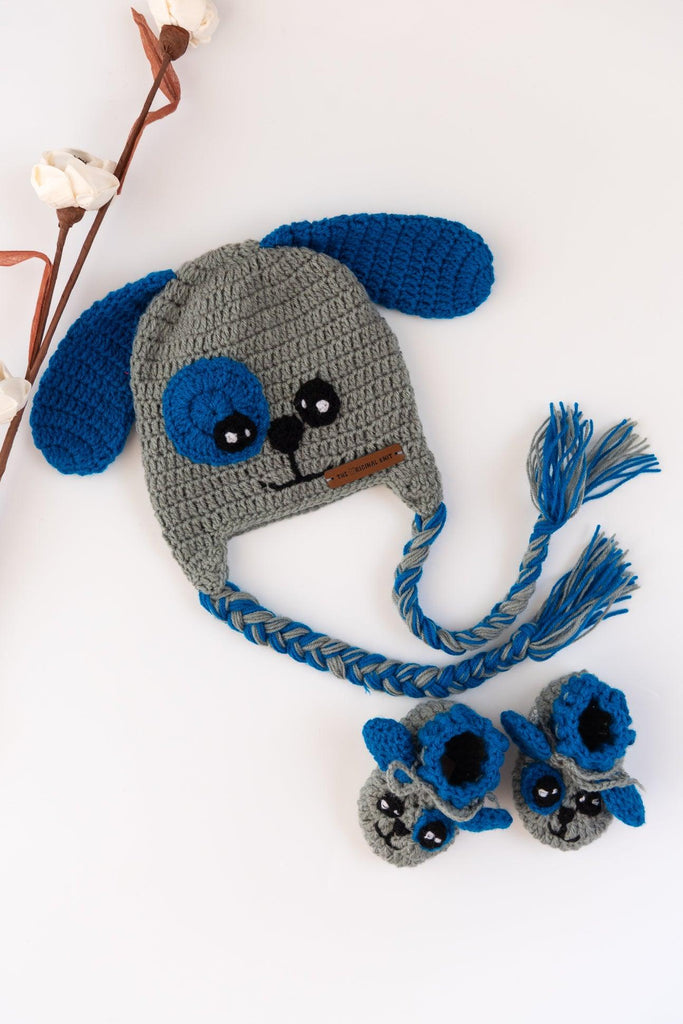 Puppy Crochet Cap & Booties- Grey & Blue - The Original Knit