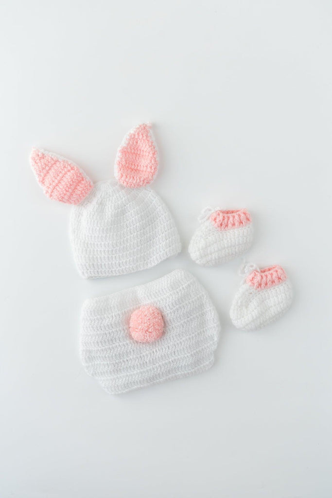 Rabbit Diaper Cover, Cap & Booties- White & Pink - The Original Knit