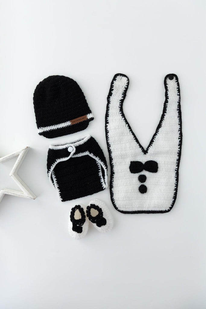 Master Chef Diaper Cover, Cap & Booties With Bib- White & Black - The Original Knit