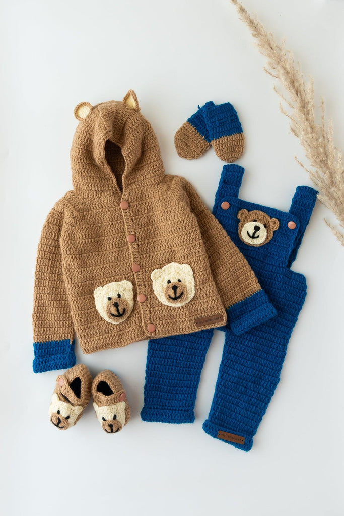 Unisex Teddy Design Handmade Dungaree Set- Brown & Blue - The Original Knit