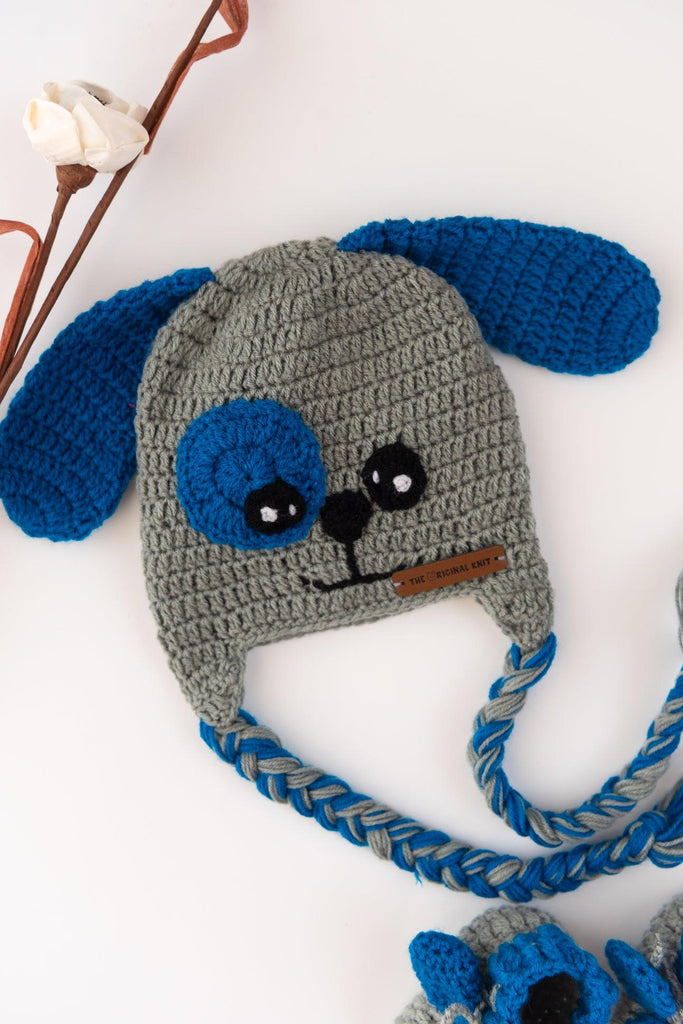 Puppy Crochet Cap & Booties- Grey & Blue - The Original Knit