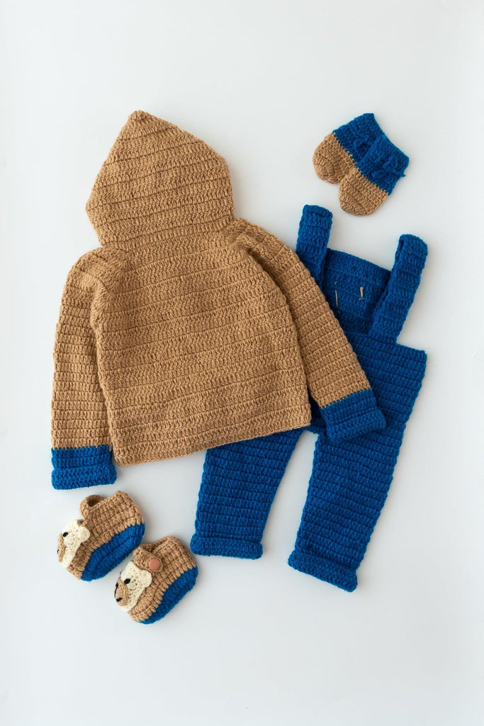 Unisex Teddy Design Handmade Dungaree Set- Brown & Blue - The Original Knit