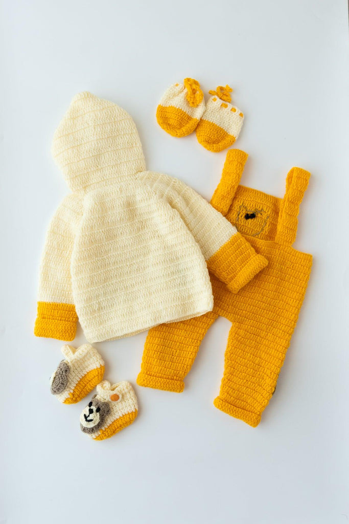 Teddy Design Handmade Dungaree Set- Off White & Yellow - The Original Knit